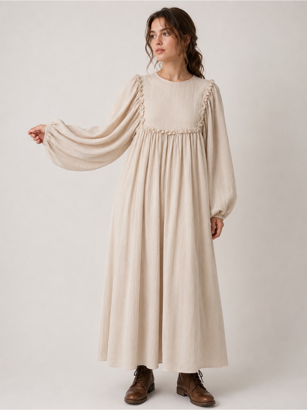 Boho Prairiecore Balloon Sleeve Maxi Nap Dress Babydoll Feminine Romantic Earthy
